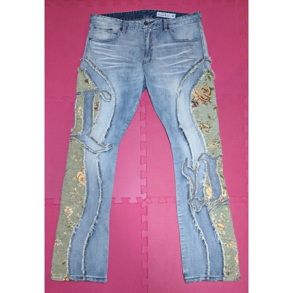 Smoke Rise Blue Denim Jeans Floral Tapestry Pattern Pants Stretch Sz W 38 Men's